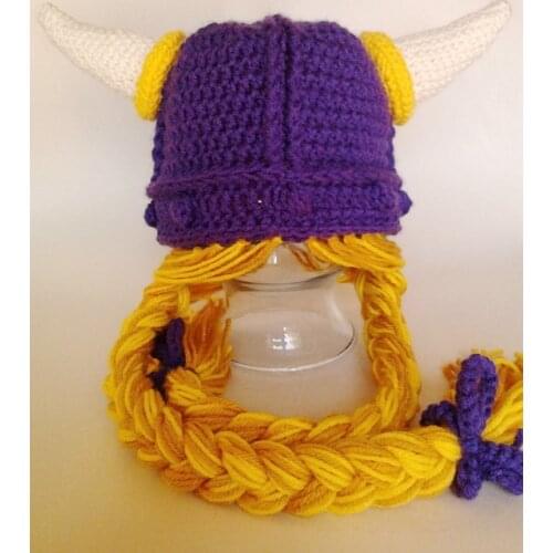 Free shipping,BABY ENGLAND Viking Helmet Vikings Hat Soft With Hair Halloween .childrens crochet hats.FANCY DRESS-Deep purple