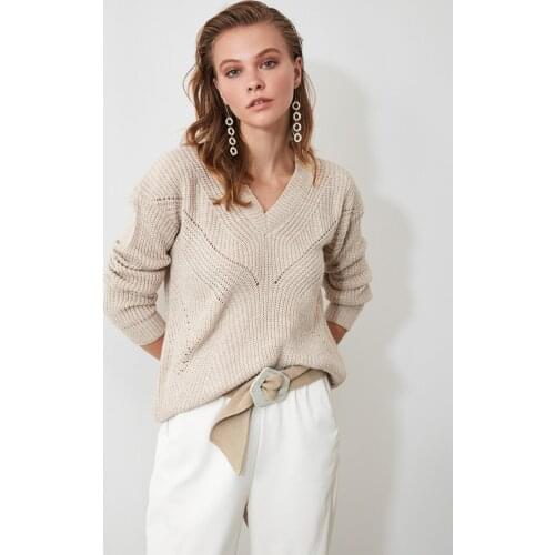 HAFMER Beige V Neck Knitwear Womens Sweater Striped Knit Sweater Button Women Pullover Female Jumper Fall Winter Long Sleeve Tu