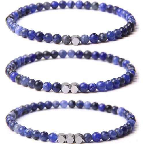 4mm Beads Bracelet 3pcs/set Natural Stone Bangles For Women Men Alloy Charm Combination Bracelets Couple Friendship Family Gift