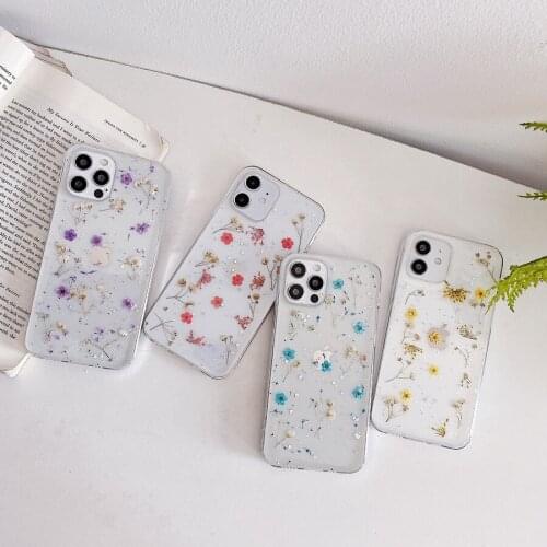 For iPhone 12 mini 11 Pro Max Case 7 8 Xs Max XR Clear Cover Phone Real Dried Flower Soft TPU Gel Transparent Case For Women