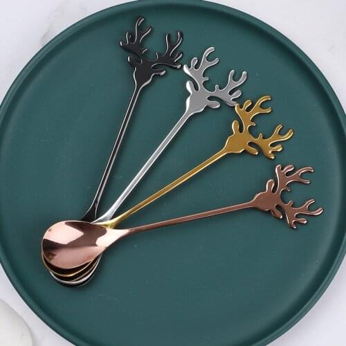 Deer Head Shape 304 Stainless Steel Stirring Spoon Christmas Elk Coffee Dessert Spoon Exquisite Teaspoon Tableware Party Gift