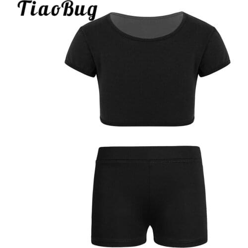 TiaoBug Kids Solid Color Short Sleeves Crop Top with Gymnastics Shorts Girls Ballet Practice Fitness Sports Workout Dance Wear