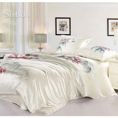 Home textile Jiangnan style print 16mm 100% silk bedding sets,duvet cover pillowcase bedding sheet total4pcs King size SP1816