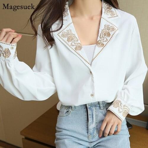 Turn-down Collar Embroidery Floral Elegant Blouses Women Casual Long Sleeve White Woman Shirts OL Style Loose Tops Blusas 12479