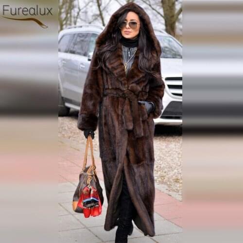 FUREALUX Authentic Real Mink Fur Coat Lengthen Increase Hooded Winter Thick Warm Solid Color Fashion Clothes 2021 New Trendy