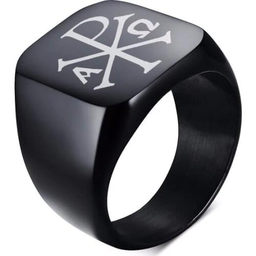 Laser Engraving Chi Rho Symbol Alpha and Omega Christianity Men Stainless Steel Pinky Signet Ring in Black