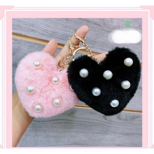 Cute Fluffy Heart Fur Ball Pearl Keychain For Women Faux Rabbit Pompom Car Pendant Keyring Holder Charm Bag Girl Party Gift