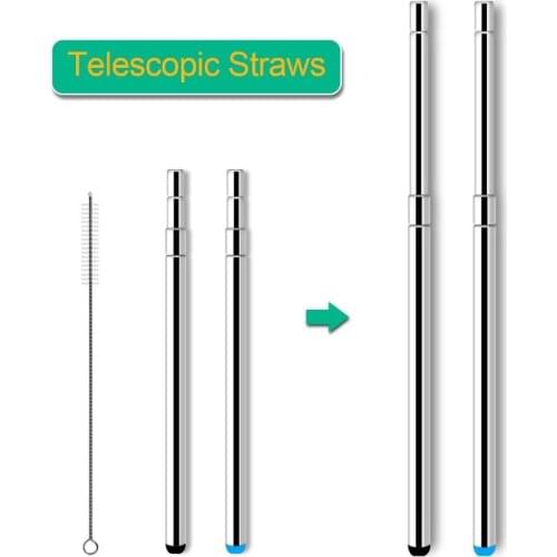 Reusable Stainless Steel Stras, Two-Section Telescopic Straw with Cleaning Brushes and Carry Case for 20oz Tumblers Cups (2 Pac)