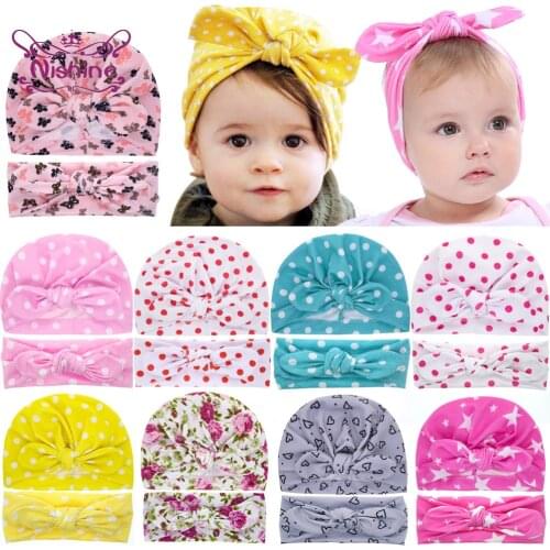 Fashion Baby Girls Print Dot Rabbit Ears Hat and Soft Cotton Headband Set Infant Beanie Bonnet Children Toddler Headwear Gift