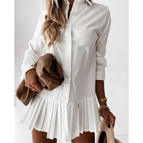Fashion Woman Shirt Dress Lapel Long Sleeve Pleated Single-Breasted Solid Color Casual Mini Dress Ladies Spring Summer Dress