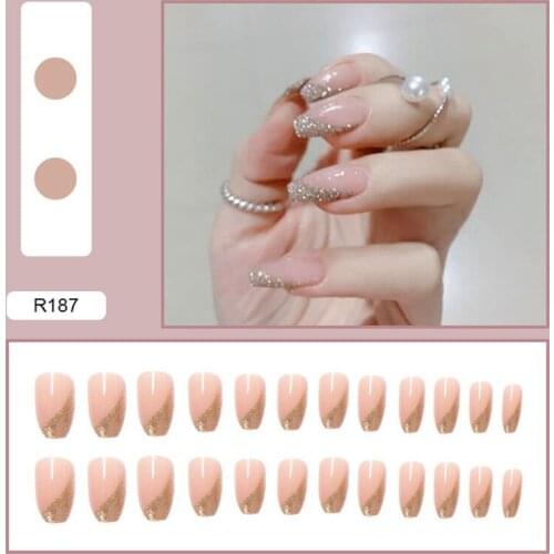 24Pcs/Pack Fashion Fake Nails Removable Artificial Full Coverage False Fingernails With Glue Flash Rhinestone Art Manicure Tools