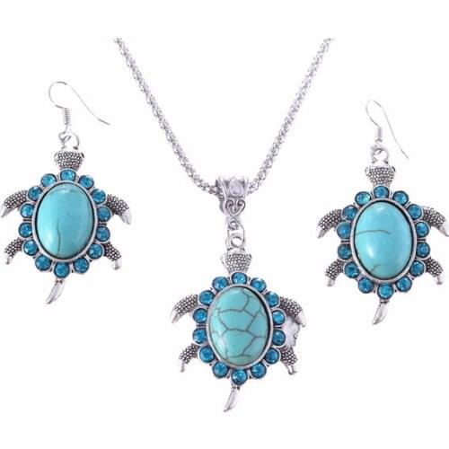 Fashion Elegant Animal Turtle Shape Jewelry Sets Ancient Silver Plated Tortoise Pendant Necklace Earrings For Women Party