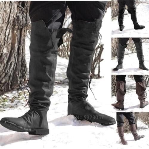 Medieval Boots Retro Men Male Viking Cosplay Pirate Costume High Boots Tall Knee High Lace Up Vintage Viking Shoes Middle Ages