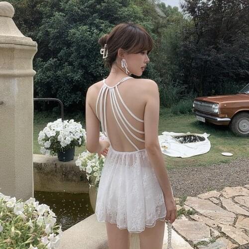 2021 Summer New Elegant White One Piece Swimsuit Women Slim Sexy V Neck Backless Vacation Beach Wear Lace See Through Swimwear