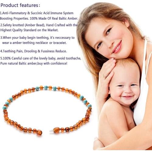 Natural Stone Baltic Amber Necklace for Baby Turquoises Ambers Beads(Cognac) Necklace Bracelet Amber Jewelry for Kid Gifts