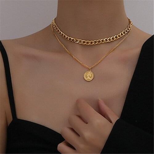 A Three-wear European And American Retro Portrait Coin Titanium Steel Necklace Female Thick Chain Stacking Clavicle Chain