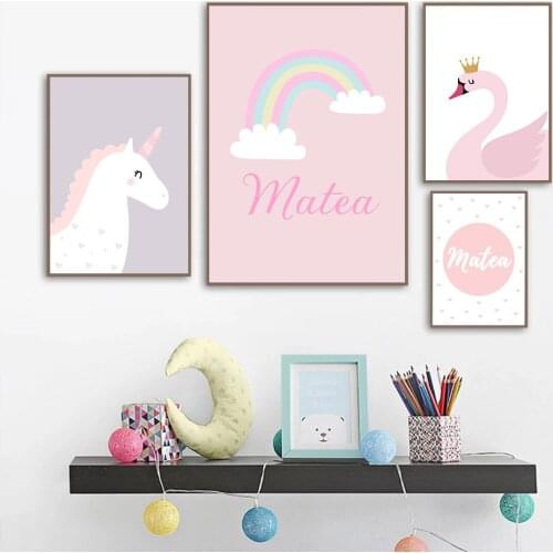 Personalized Custom Name Rainbow Wall Poster Baby Unicorn Swan Princess Art Print Quotes Canvas Painting Nordic Kids Room Decor