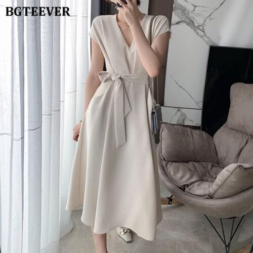 BGTEEVER Elegant V-neck Women A-line Dress Short Sleeve Slim Waist Female Lace-up Midi Vestidos 2021 Spring Summer OL Dress