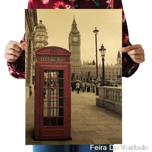 London Telephone Booth Kraft Paper Wall Sticker Cafe Bar Decorated Home Decor Vintage Paper Poster 51.5X36cm