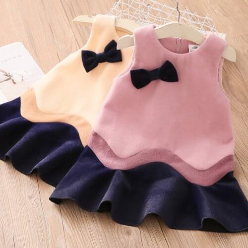 2020 Autumn 3 4 5 6 7 8 10 12 Years Cute Sweet Bow Sleeveless Patchwork Sundress Kids Baby Girls Winter Thickening Vest Dresses