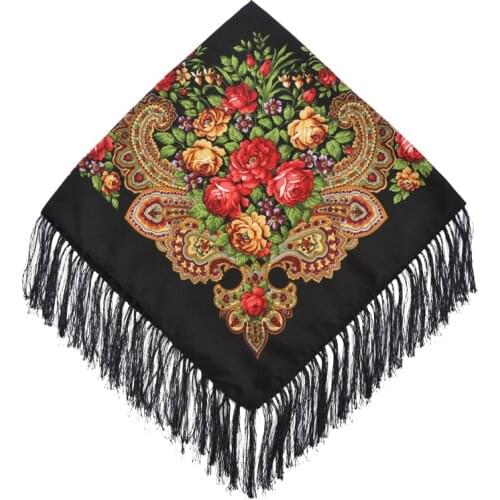 90*90cm Russian National Style Square Scarf Shawl Female Cotton Fringed Print Scarf Lady Head Wraps Foulard Femme Hijab Scarfs