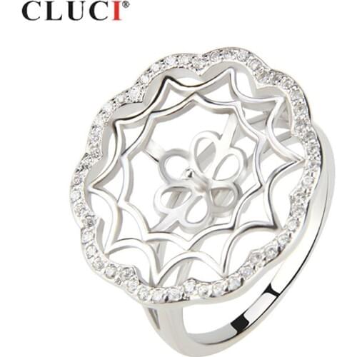 CLUCI 925 Sterling Silver Women Pearl Ring Mounting Jewelry Round Big Flower Silver 925 Zircon Wedding Rings Jewelry SR1016SB