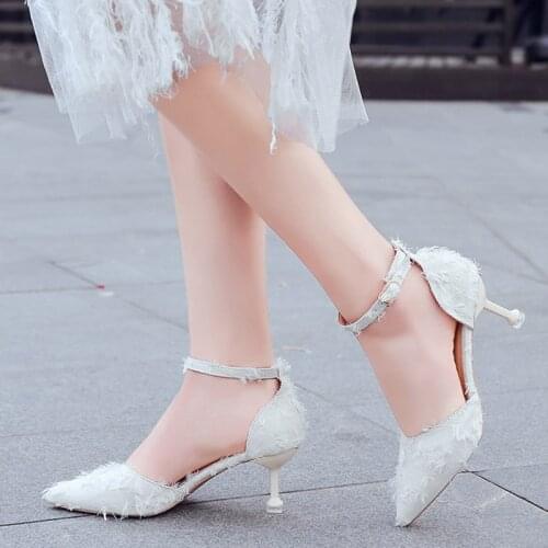 Women Wedding Shoes White Bridal Shoes Ankle Strap Dress Shoes Woman Pointed Toe D'Orsay Pumps High Heel Party Shoe Female 7295G