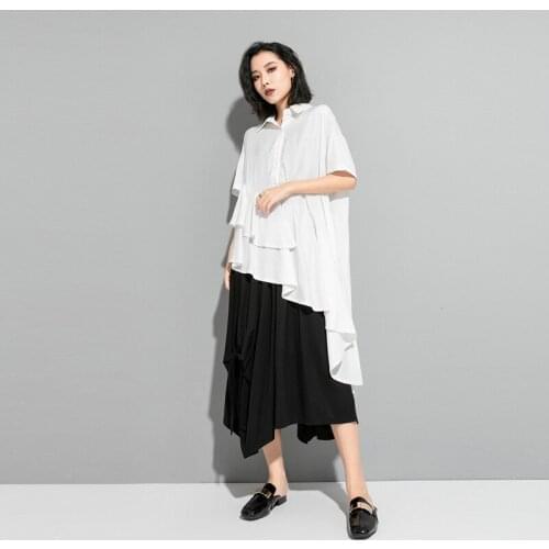 Ladies summer irregular new fashion short sleeve blouse personality patchwork flfluff medium long fashion T shirt