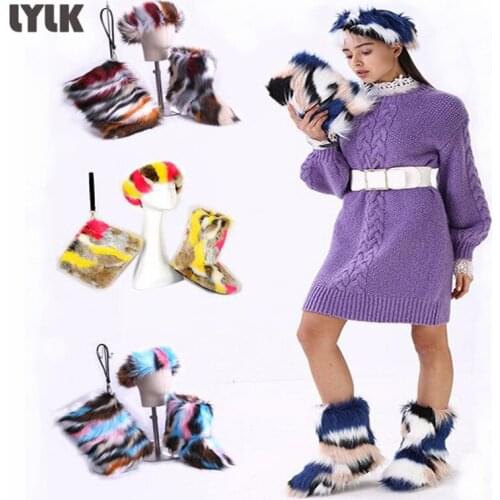 Women Winter Faux Fur Boots Ladies Fluffy Snow Boots Furry Cotton Fashion Plush Warm Shoes Chain Tote Bag Headband Set Wholesale