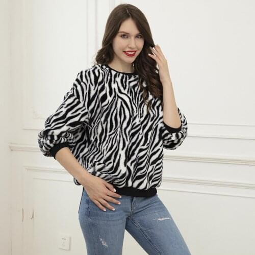 Plus Velvet Womens Winter Tops Long Sleeve Zebra Printed Casual O-Neck Sweatshirt Bulk Items Wholesale Lots Clothes Pullovers