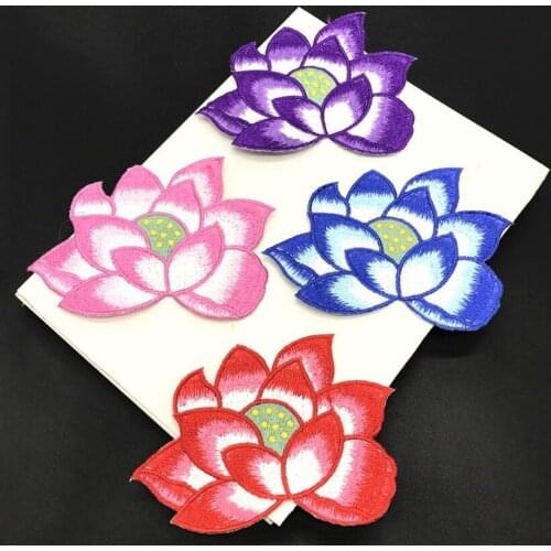 1 PCS Lotus Flower Embroidered Iron on Patches for Clothing DIY Stripes Clothes Patchwork Sticker Custom Flowers Applique badge