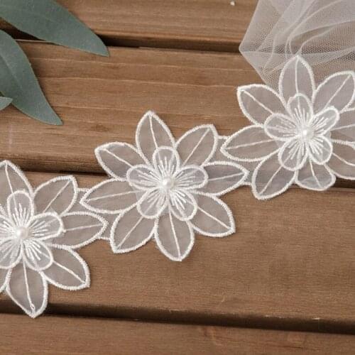 L93F 1 Yard Flower Embroidered White Lace Trim Ribbon DIY Faux Pearl Beaded Applique