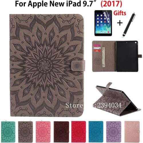 Case Cover For Apple New iPad 9.7 2017 2018 Cases A1822 A1823 Funda Tablet Folding Sun Embossed PU leather Skin Shell +Film +Pen