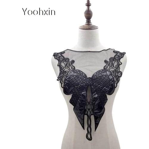 Black leather flower embroidery DIY lace collar Fabric Sewing ribbon trim Applique neckline craft cloth dress Wedding textile