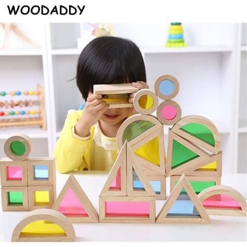 WOODADDY 24Pcs Rainbow Blocks Geometric Assembling Blocks Wooden Toys For Kids Tricolor Science Game Educational Toys Gift