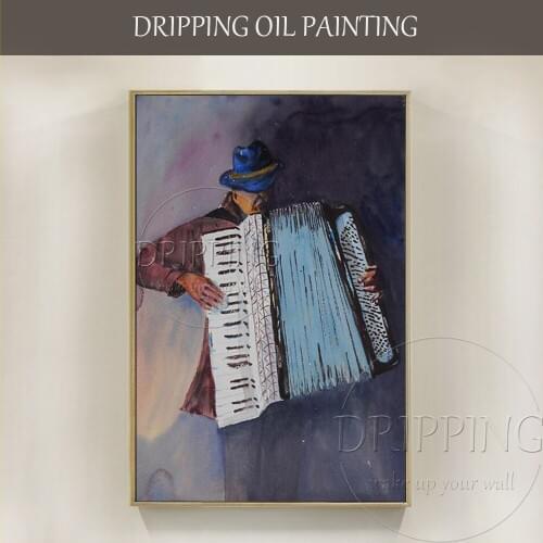 Wall Art Painting Old Artist Playing Accordion Oil Painting for Wall Decoration Hand-painted Canvas Old Accordion Oil Painting
