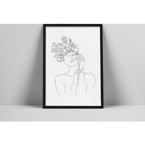 Head Of Flowers Art Print | Line Art Woman With Flowers | Flower Woman Line Art | Woman With Flowers Wall Arr |semalcial FeatCol