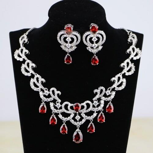 Water Drop Red CZ White Zircon Women Silver Color Bridal Jewelry Wedding Earrings Pendant Necklace Sets