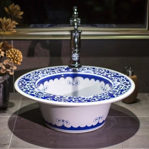 Hand-painted qinghua porcelain table bonsai Dezhen ceramic washbasin Chinese basin hotel art basin round washbasin
