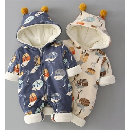 Baby winter quilted warm one-piece baby hooded plus velvet thick romper newborn outing clothes
