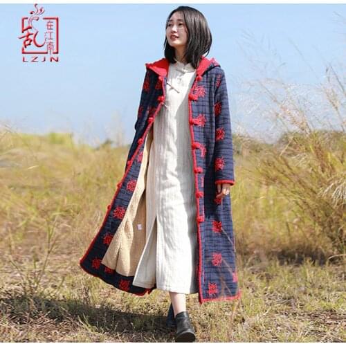 LZJN Women 2019 Autumn Winter Embroidery Trench Coat Fleece Lined Single Breasted Outwear Long Overcoat Duster Coat Windbreaker
