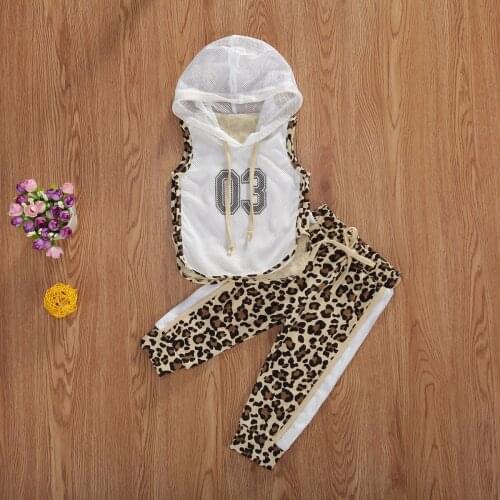 2Pcs Fashion Baby Girls Sportswear Suit Autumn Breathable Mesh Sleeveless Hooded Top + Leopard Long Trousers Set