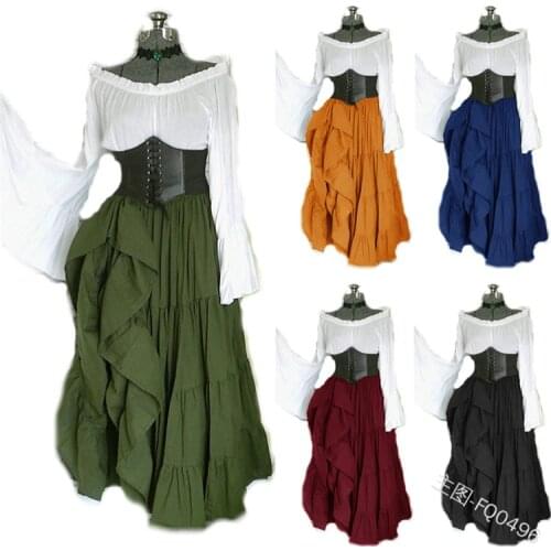 New Women Medieval Cosplay Costumes Girl Halloween Gothic Retro Victoria Middle Ages Carnival Long Sleeve Pleated Corset Dresses
