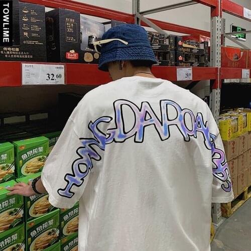 Summer New Men Personality Back Graffiti Letter Print T Shirts Japanese Streetwear Male Cool Guy Loose Short Sleeve Casual Tees