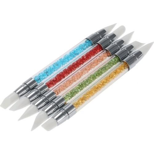 Wholesale 100sets New Excellent 5Pcs Rhinestone Nail Art Brushes Silicone Head Nail Brush Pencil With Acrylic Handle Manicure