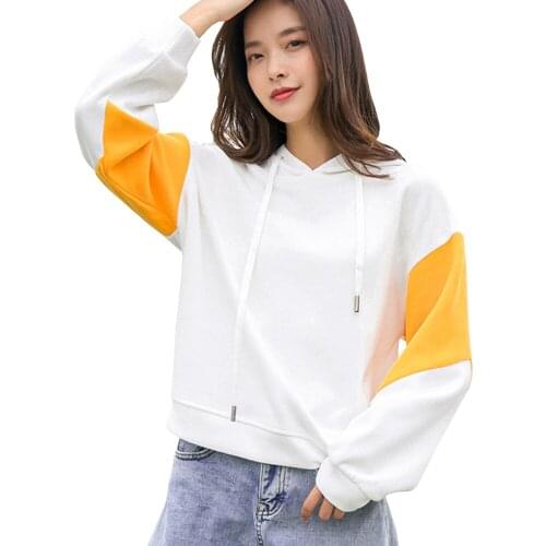 Fall Harajuku Hooded Sweatshirt Yellow Blue Patchwork Loose Women Top Korean Style Long Sleeve Hoodie Female Pullover Streetwear