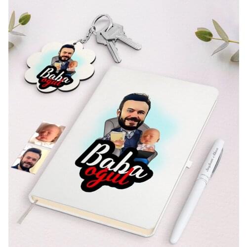 Personalized Father Son Caricature Of White Notebook pen And Keychain Gift Set-4 Daily souvenir Gift Moment Reliable design