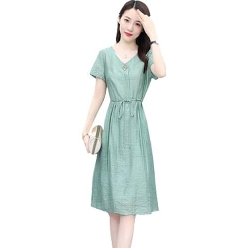 Tencel Cotton Linen Dress Summer 2021 New Women Western Style Age Reduction Slim Lady Elegant Summer Thin High-end Dresses OK938