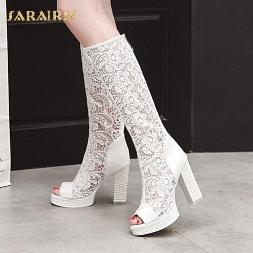 SARAIRIS Breathable Shoelaceper Chunky High Heel Open Peep Toe Platform Summer Shoes Woman Knee Boots