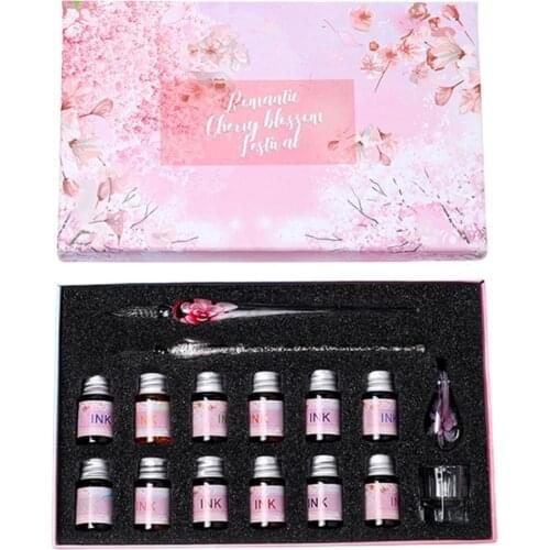 1 Set Glass Pen Dip Threaded Nib Glitter Powder Stationery Student Dip Writing Ink Gift Box Set Pen School Supplies